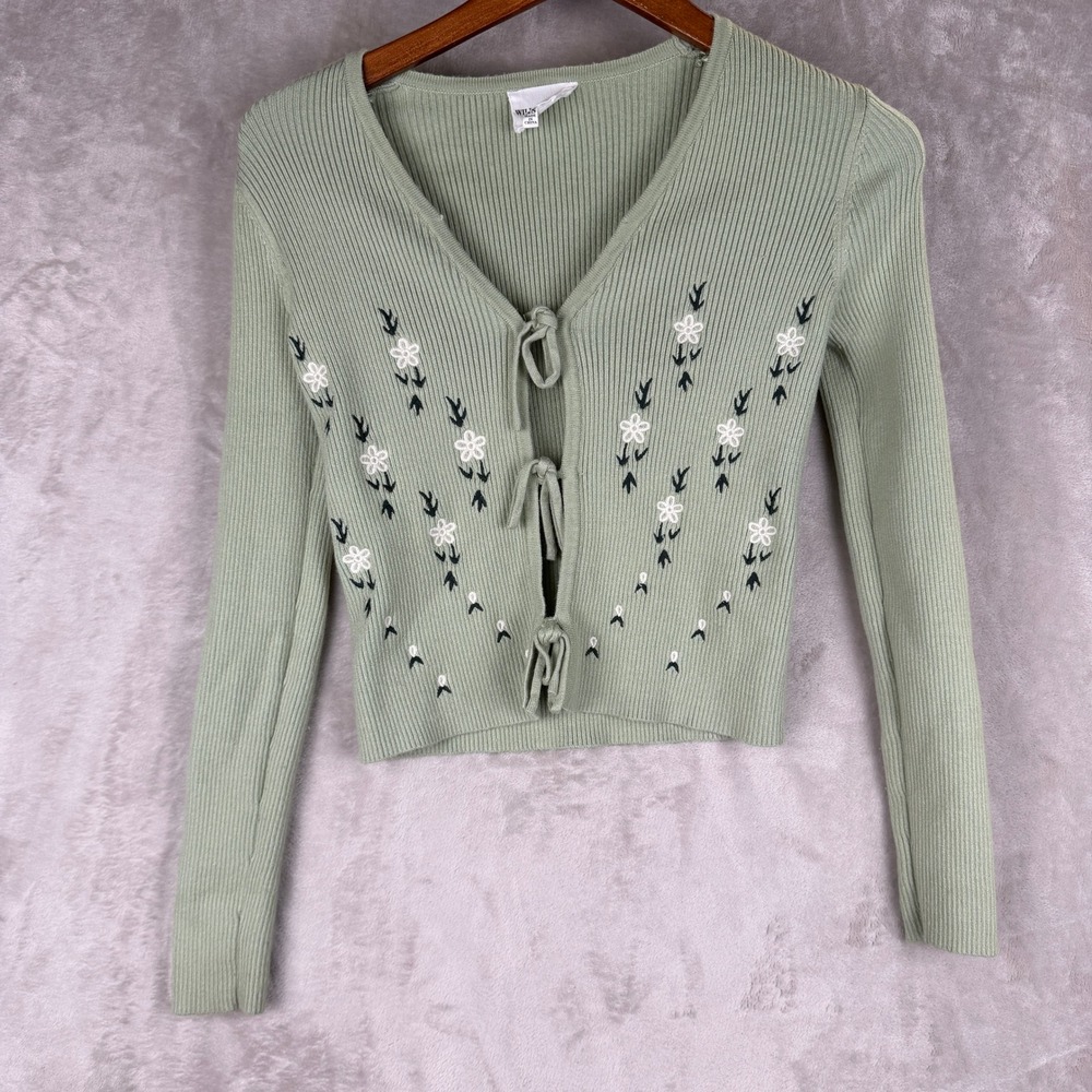 Soft Sage Green Floral Embroidered Tie Front Ribbed Cardigan XS Willow & Wind